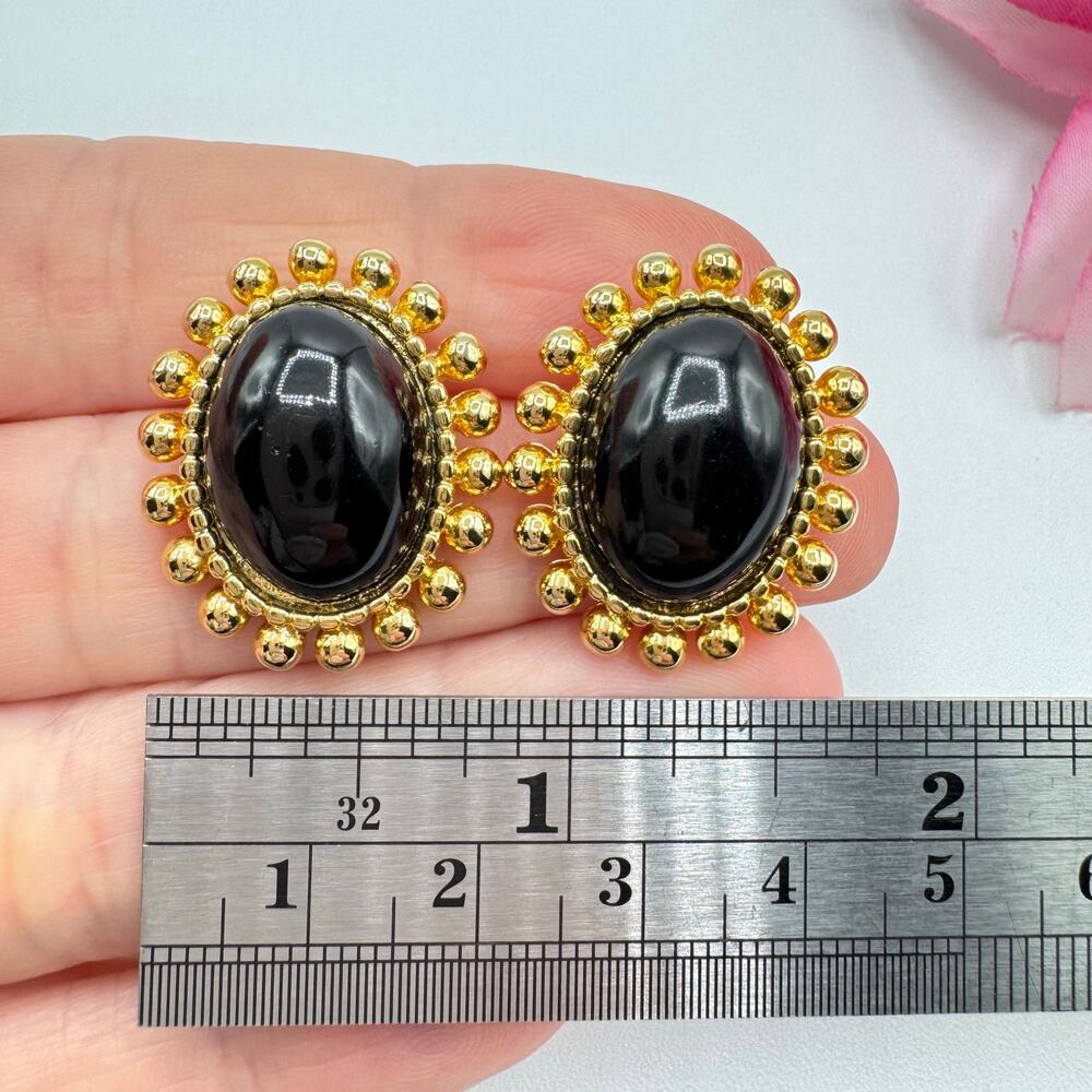 Vintage Erwin Pearl P.E.P. Signed Black Oval Cabochon Gold Tone Sputnik Earrings - Picture 5 of 7